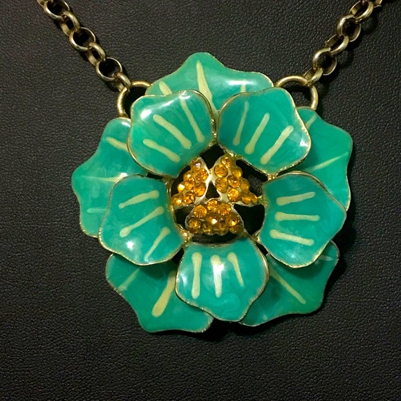 Coldwater creek necklace featuring aqua enameled flower with amber rhinestones - Picture 2 of 7